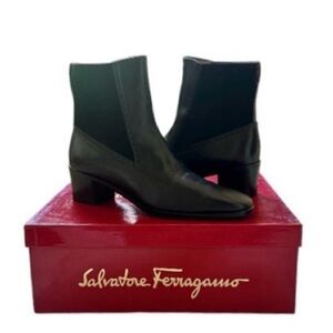 Salvatore Ferragamo Black Calf Leather and Suede Fregio Ankle Boots Size 7.5